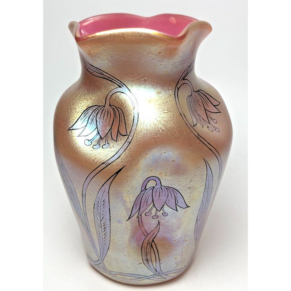 Antique Kralik Pink Glatt Silberiris Pinched Czech Art Nouveau Glass Vase Floral